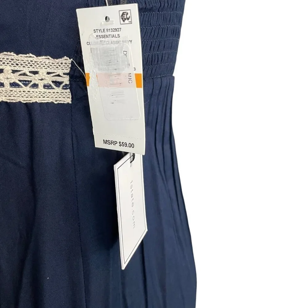 NWT 1. State Classic Navy Maxi Dress Crochet Tassel Trim‎ Boho Sleeveless Small